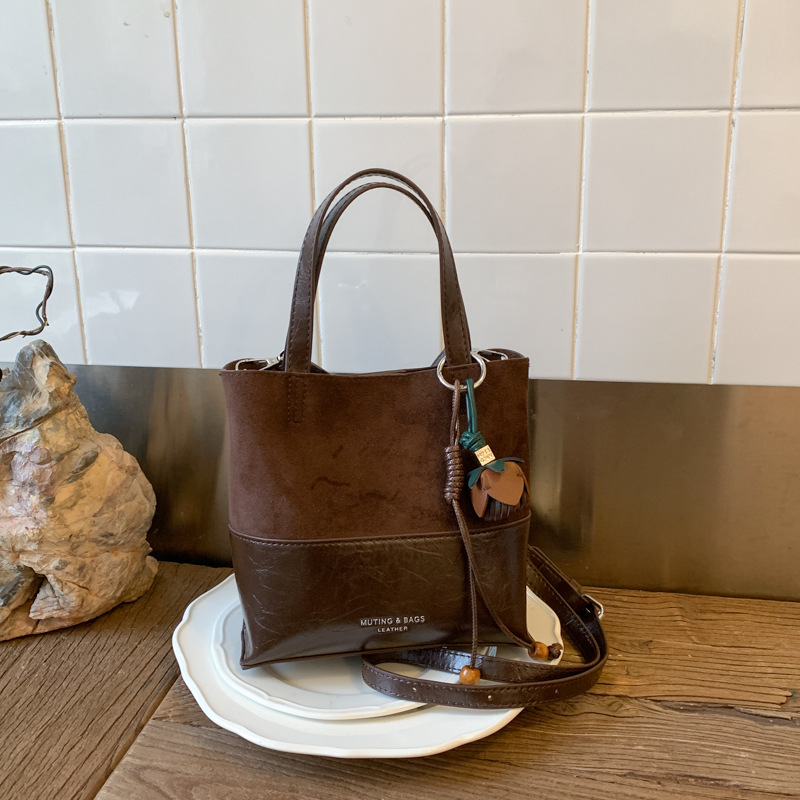 Autumn/Winter Spliced Bucket Bag 2025 New Retro Niche Suede Shoulder Bag Korean Style Fashion Crossbody Bag For Women - Thumbnail 6