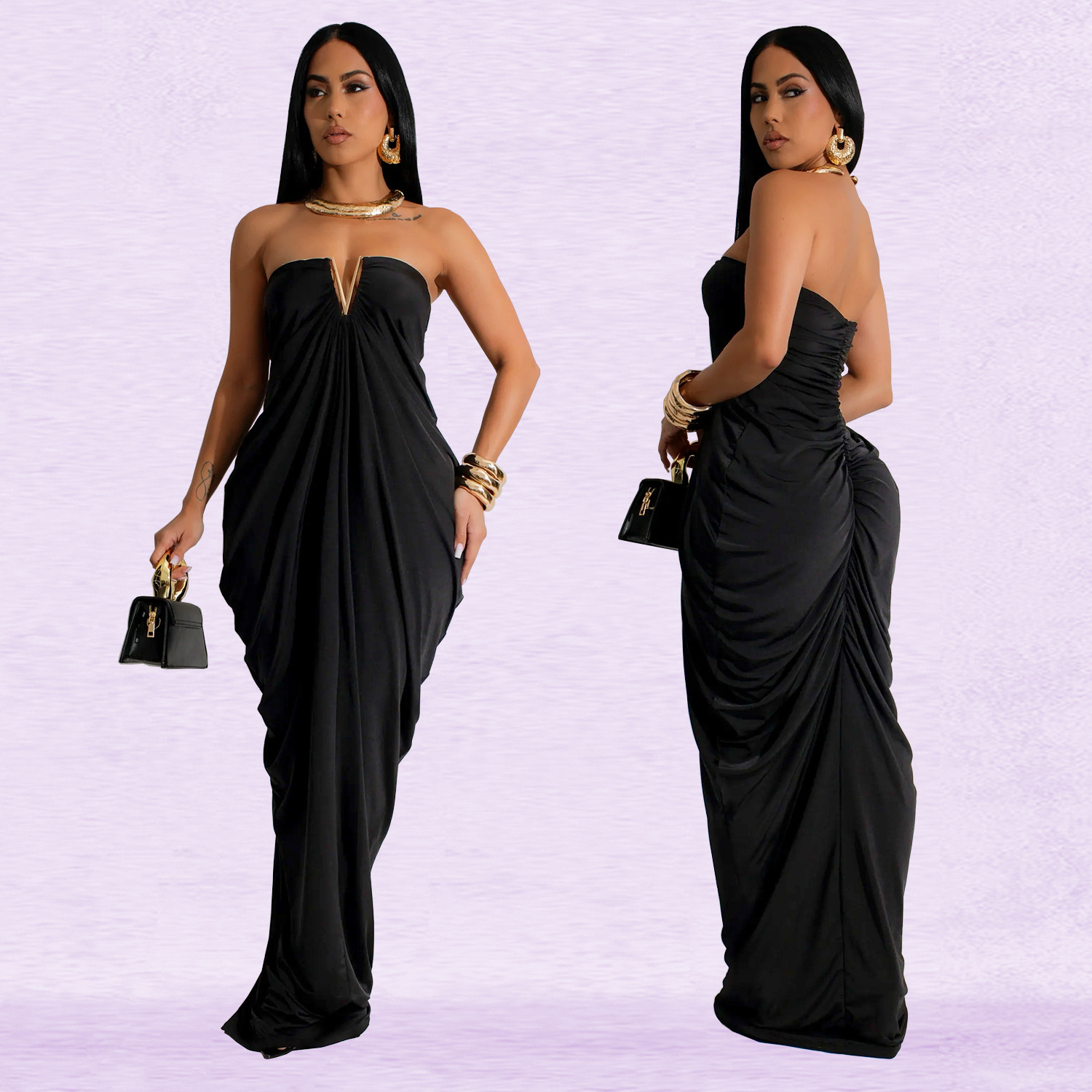 C7135 Aliexpress transfronterizo Amazon Europa y América de moda de mujer color sólido sexy vestido delgado vestido de cuello en v nuevo image 4
