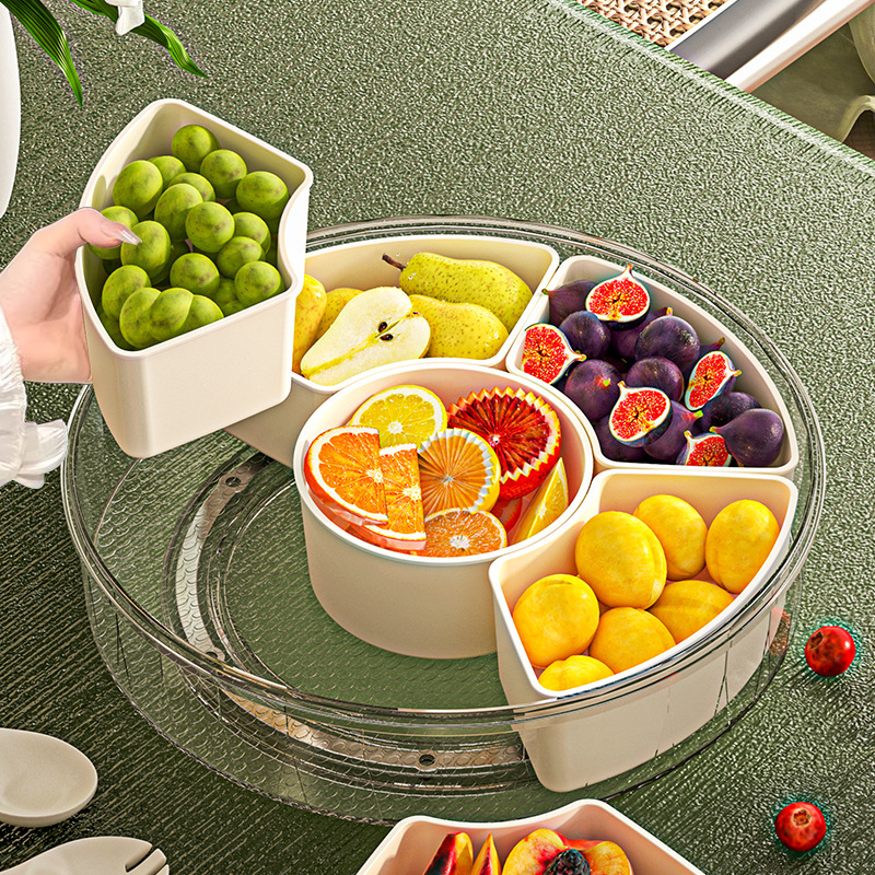 Caja de almacenamiento de frutos secos giratoria creativa bandeja de frutas de rejilla de seis puntos para el hogar caja de bocadillos a prueba de humedad sellada redonda para el almacenamiento