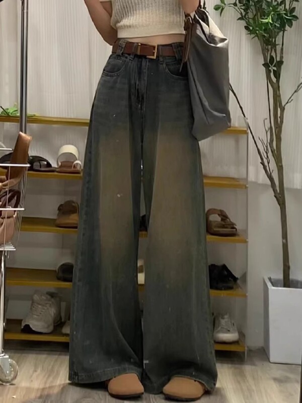大码胖mm美式高街阔腿牛仔裤女复古垂感显瘦宽松高腰直筒拖地长裤|undefined