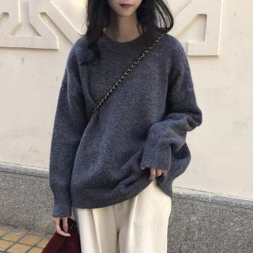 Vintage Solid Color Round Neck Hooded Sweater for Women, Autumn/Winter Outerwear, Korean Style Loose Hong Kong Style Knit Top