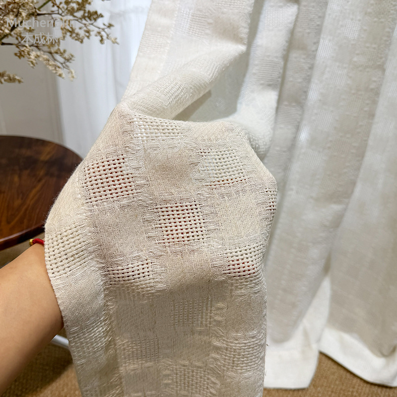 Half-fabric, half-gauze small checkered textured cotton-linen window curtain for living room and balcony, lets light through but not people, in a natural wood style Half-fabric, half-gauze small checkered textured cotton-linen window curtain for living room and balcony, lets light through but not people, in a natural wood style