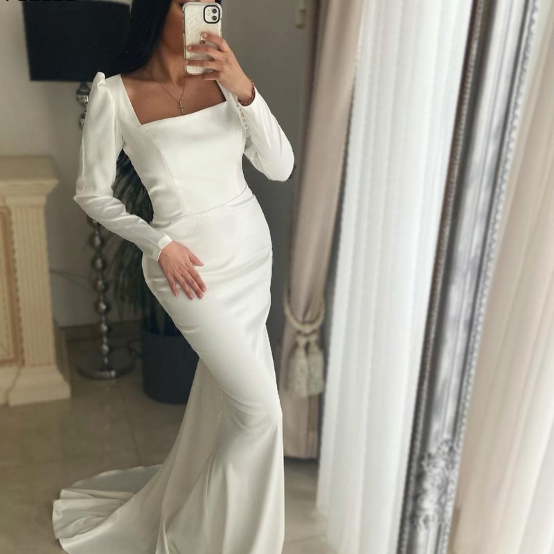 Europa y América del comercio exterior Amazon AliExpress deseo nuevo simple satén vestido de novia de manga larga sexy cola de pescado vestido de novia delgada