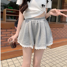 蕾丝花边灰色休闲裤女夏季百搭显瘦松紧腰宽松阔腿裤小众外穿短裤