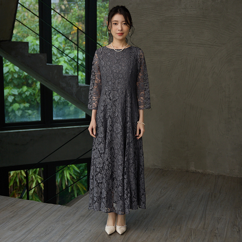 Japanese-Style Fresh, Elegant, and Sweet Style Patchwork Long-Sleeve Round-Neck Long Lace Slim-Fit Dress 88811