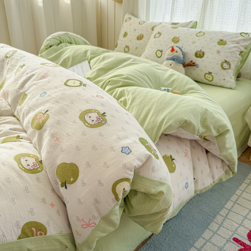 Class a Knitted Cotton Double-Layer Gauze Four-Piece Bedding Set with Cartoon Design, Including Bed Sheet, Duvet Cover, and Quilt Cover, Suitable for Dormitory Use, Skin-Friendly Class a Knitted Cotton Double-Layer Gauze Four-Piece Bedding Set with Cartoon Design, Including Bed Sheet, Duvet Cover, and Quilt Cover, Suitable for Dormitory Use, Skin-Friendly