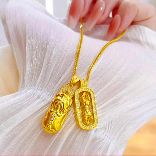 18K Gold Pixiu Vajra Pendant Au750 Non-Detachable Layered Clavicle Chain Set Chain with Rhinestone Pendant Popular Live Sale Item