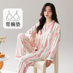秋季带胸垫睡衣女和服无领长袖长裤家居服套装前扣免穿文胸春秋款