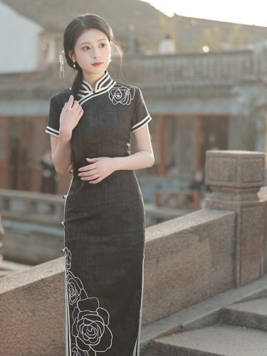 Tang chinese dresses retro oriental cheongsam qipao for women girls embroidered long acetate jacquard qipao dress daily catwalk show 