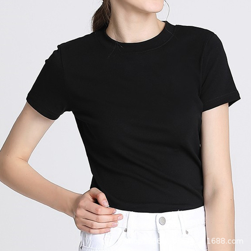春の重ポンドの輸入の秘魯綿の丸首の半袖のtシャツの女性の白い綿の修身の韓国版の中で厚い底のシャツを掛けます。