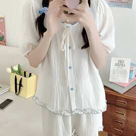 蓝边蝴蝶结睡衣套装女 夏季方领泡泡袖家居服 一件代发