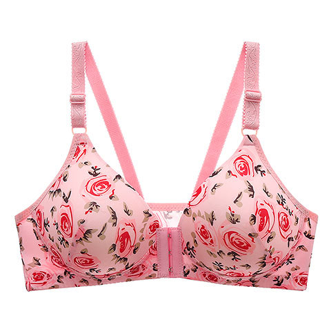 Nueva hebilla frontal Rosa impresa ropa interior inalámbrica cómoda de las mujeres push-up lateral ajustable sujetador de mama