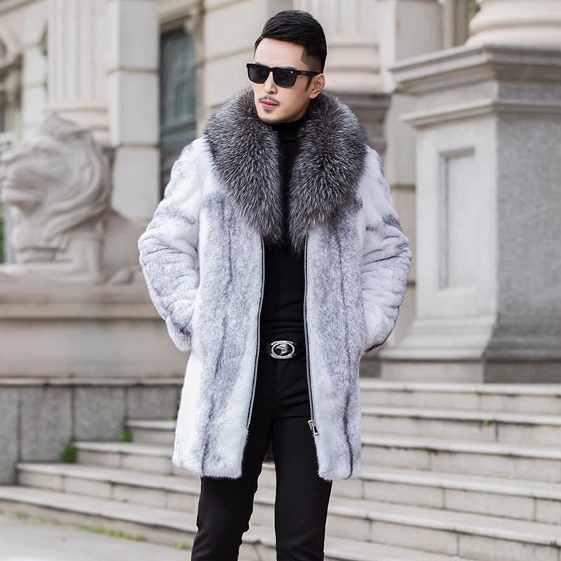 Mens Mid-length Mink Coat Full Mink Fox Fur Collar Coat Fur Casual