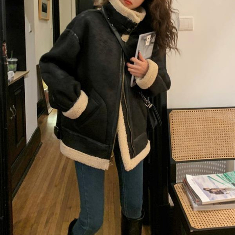 한국식 모조 양고기 양모 코트 여자 겨울 기모 두꺼운 모피 원피스 스탠드 칼라 고급 블랙 가죽 자전거