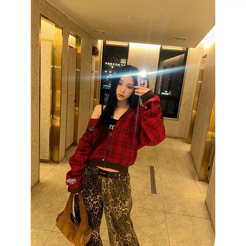 Now 2025 New Autum Korean Designer Retro Loose Zipper Plaid Hooded Sweatshirt Women's Casual Jacket