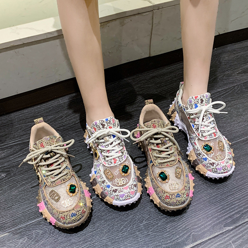 European station thick-soled diamond-encrusted durian bottom dad shoes 2022 new fashion trend pine cake bottom casual sneakers