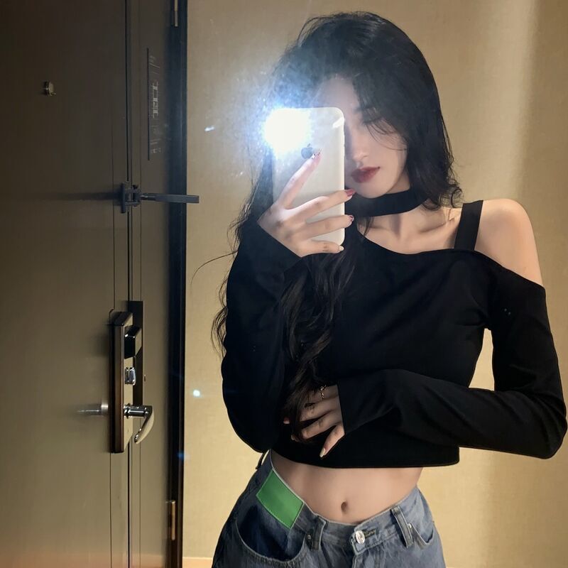 Ins Design Sense Niche Minor-minded Shoulder Slim-fit Short Navel-exposed Long-sleeved T-shirt Women's Collarbone Top Hanging Neck Base