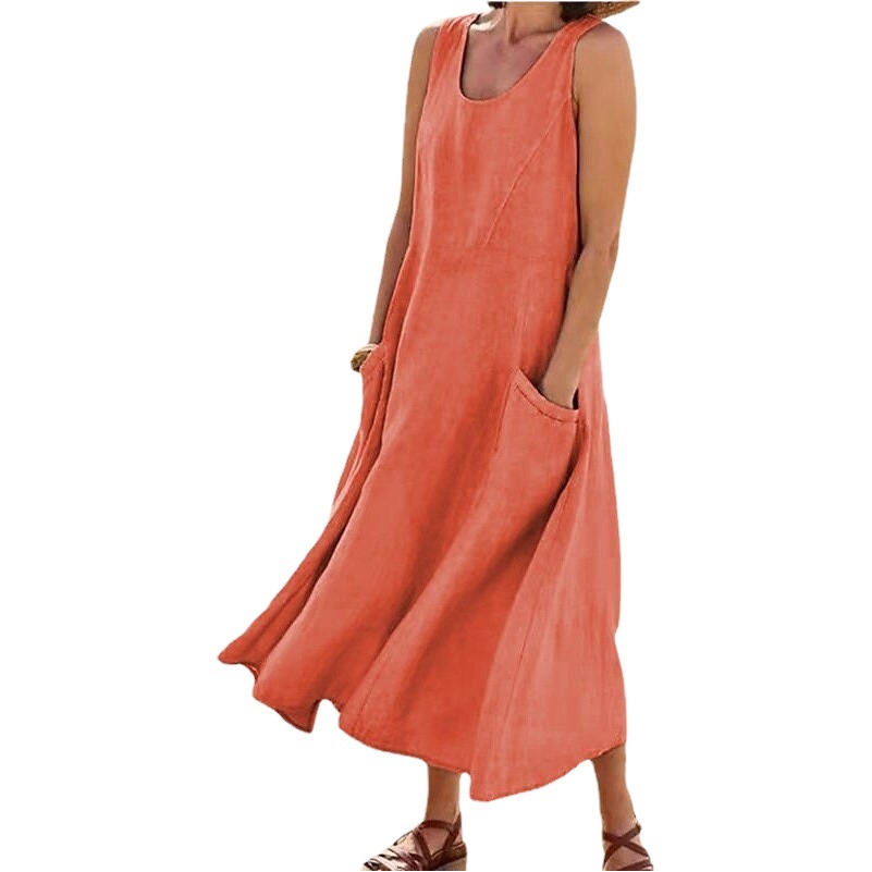 Vestido mujer algodón lino sin mangas cuello redondo 2025 verano​