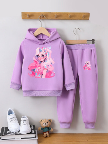 Women's Fall/Winter Fashion Hoodie Set for Kids - 2-Piece Cartoon Style for Girls with Long Sleeves