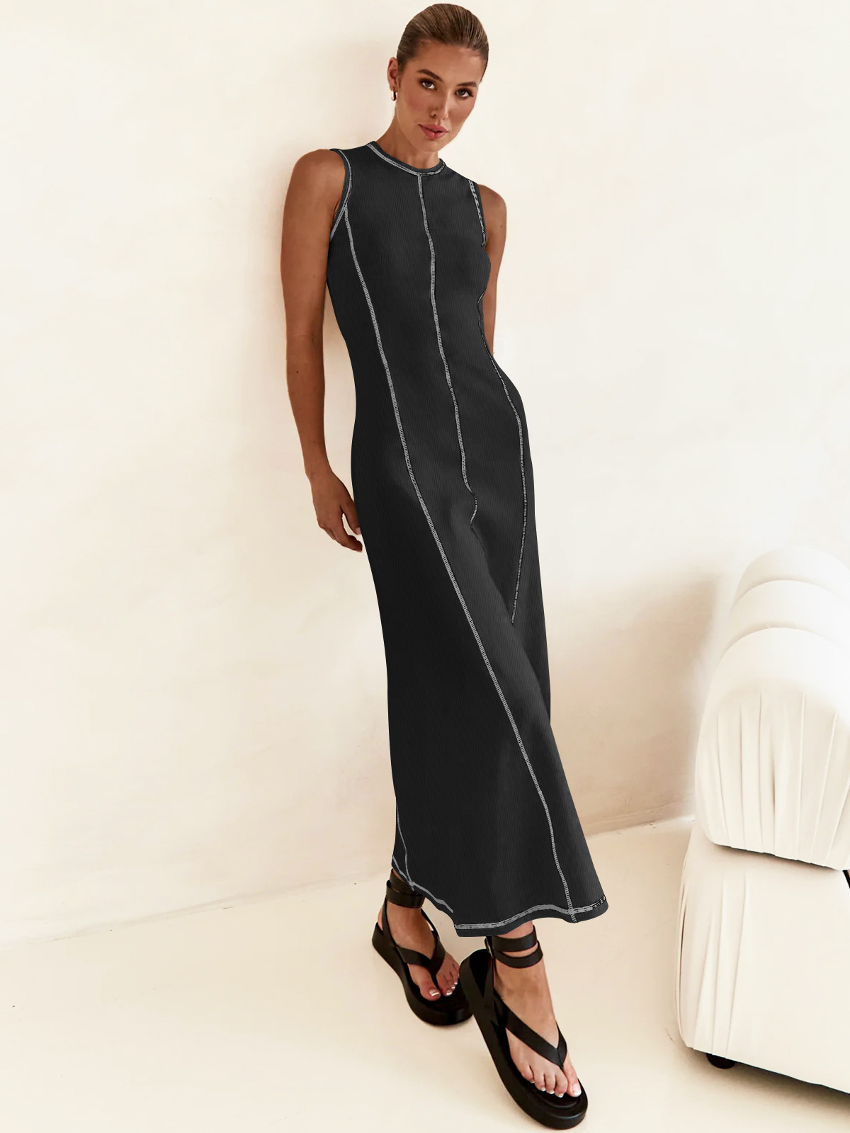 Women's Sheath Dress Streetwear Round Neck Sleeveless Stripe Solid Color Maxi Long Dress Daily display picture 23