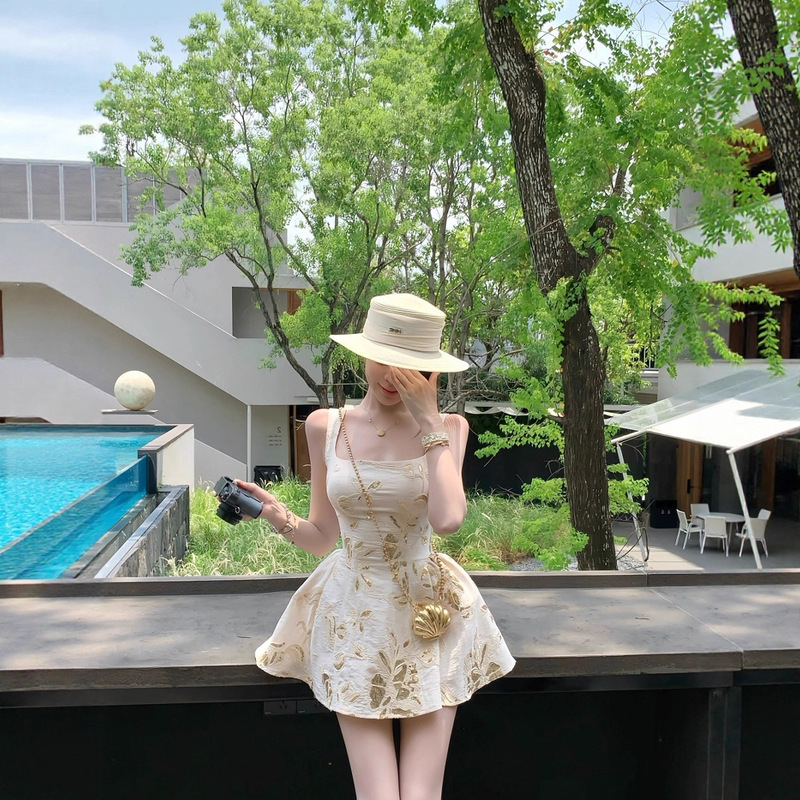 French Suspender Dress for Women 2025 Summer Cotton and Linen A-Line Skirt Princess Skirt Printed Elegant Skirt