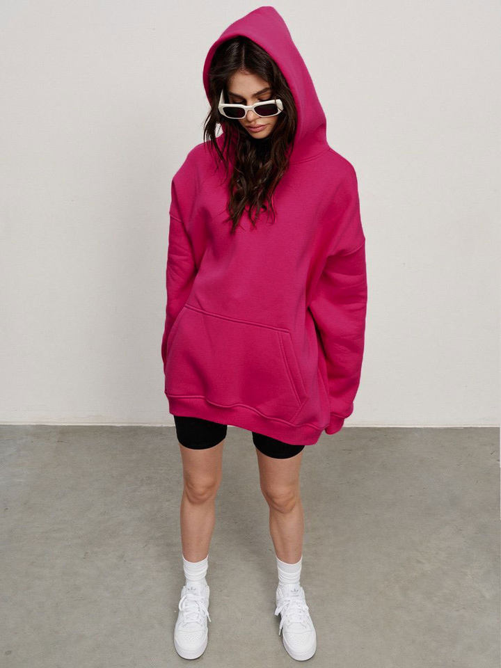 Áo hoodie nỉ lông dáng rộng có mũ và túi, tay dài, dáng unisex — Màu cà phê, Màu hồng, Màu xám, Màu đen chi tiết 41