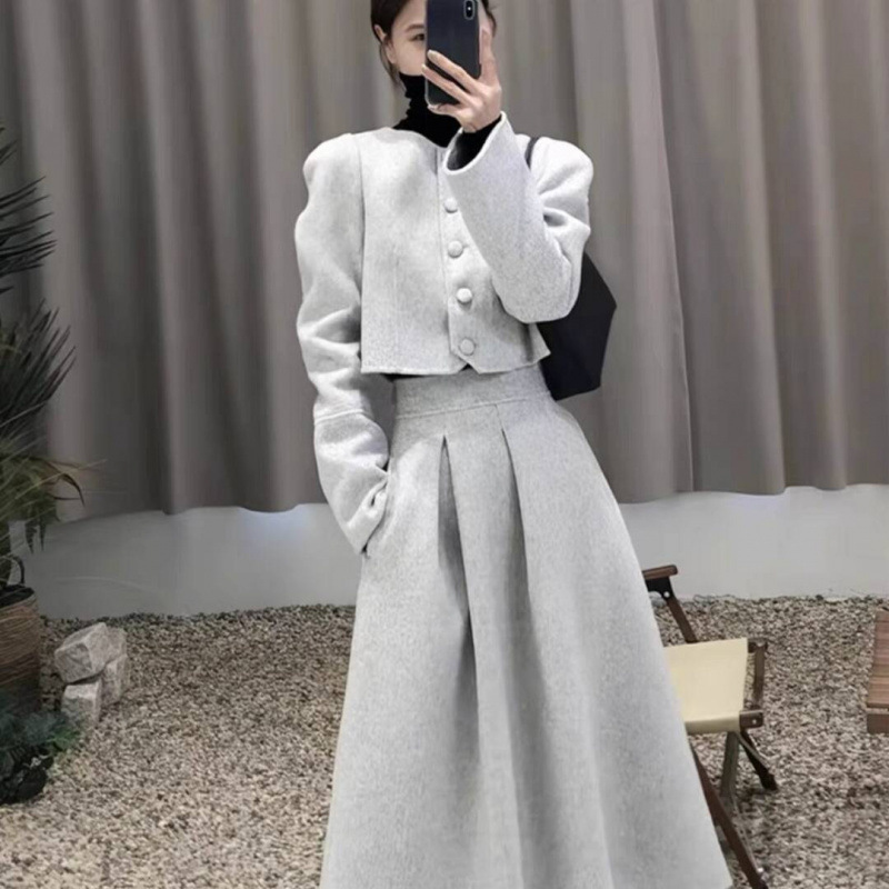 漂亮冬装搭配一整套高级感韩式千金小香风毛呢套装两件套|undefined