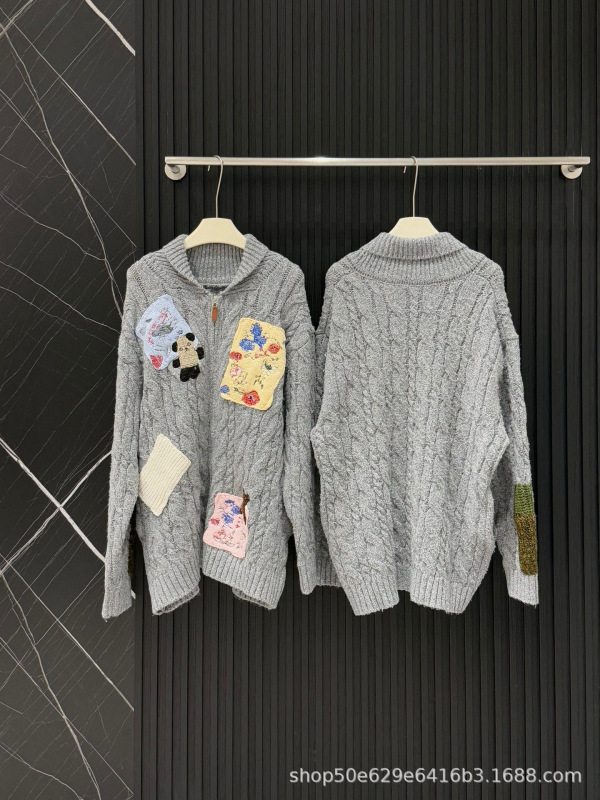 25秋冬新款复古艺术贴布熊翻领针织开衫女宽松毛衣上衣女|undefined