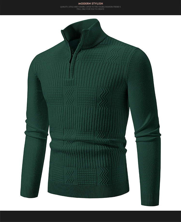 Maglione lavorato a maglia da uomo, maglione lavorato a maglia con zip e collo semi-dolce da uomo, pullover a maniche lunghe, casual, vestibilità slim, strato di base termico_voghion.com