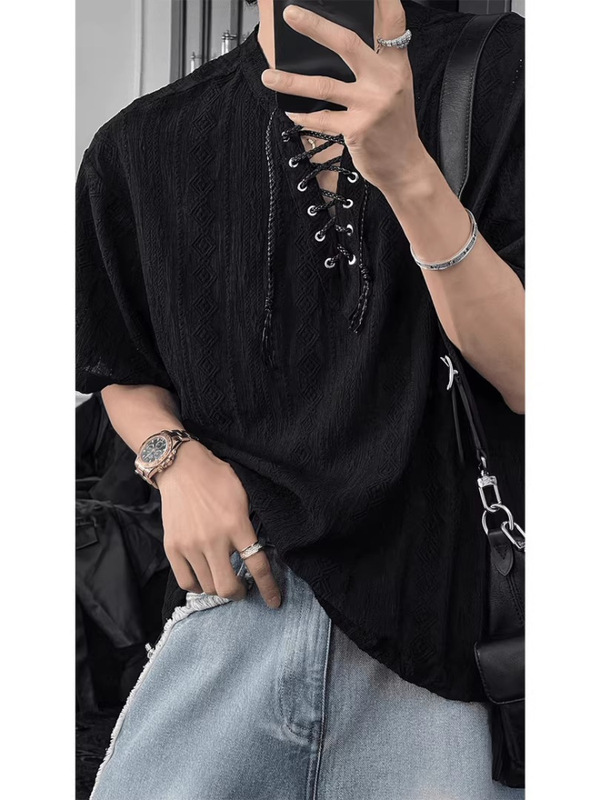 Designer Trendy Jacquard Tie Short-Sleeve Men's Summer Thin Hollow-Out T-Shirt Casual Loose Top