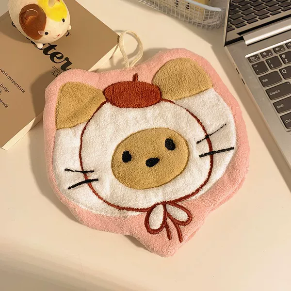 Beige cow kitten with red hat - hand towel