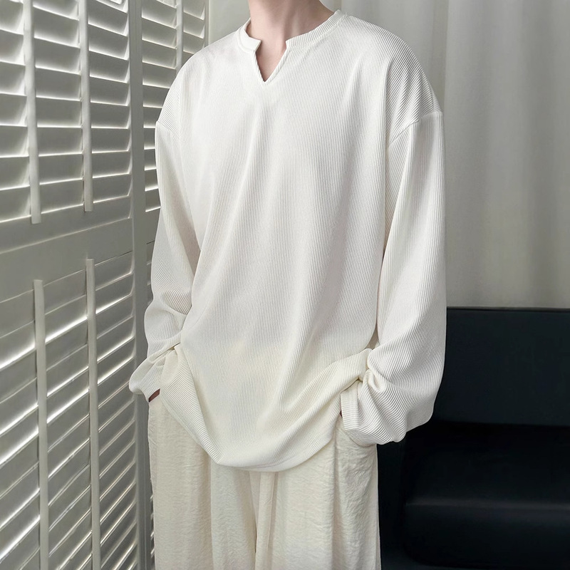 American V-Neck Pleated Sweatshirt Men's Textured Loose Long-Sleeved T-Shirt Pleated Corrugated Henley Shirt Notched Collar Bottoming Shirt