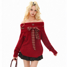 TKPA韩版蝴蝶结系带高领毛衣女甜美辣妹风宽松一字露肩针织衫上衣