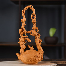 黄金檀木雕东坡提梁壶中式摆件实木博古架茶壶家居客厅装饰工艺品