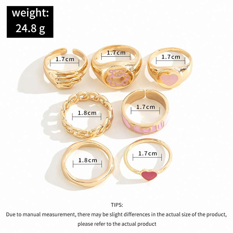 2022年新款  ins粉色滴油爱心小熊指环  链条抓手拼色戒指7件套详情5