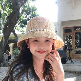 赫本风珍珠装饰拉菲草女夏镂空草编遮阳防晒帽子海边度假沙滩帽子
