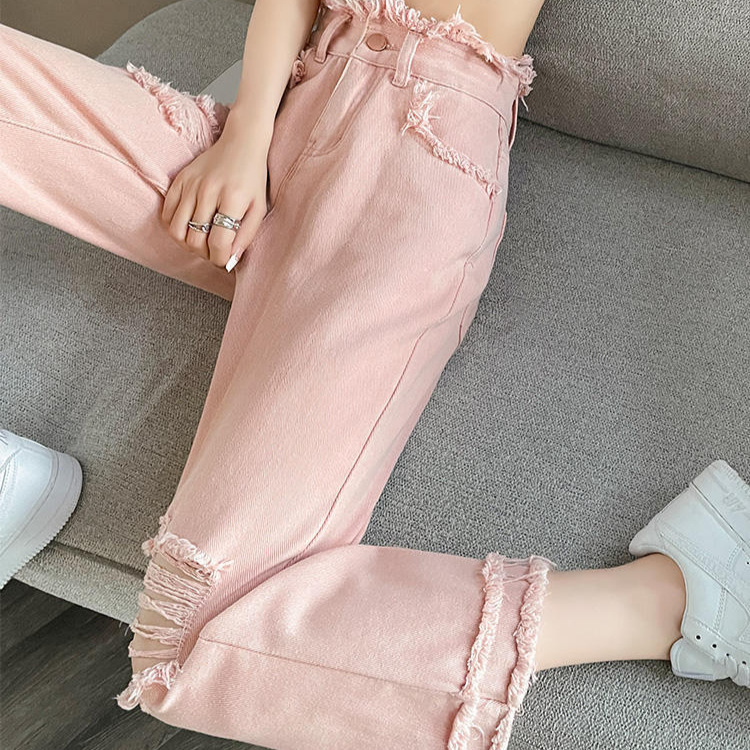 Pink Straight Pants Women's Ripped Denim Pants High Waist Wide Leg Autumn Pear-shaped Body Short Short Pants