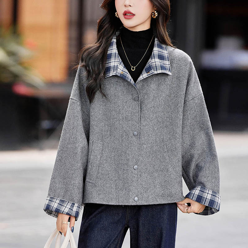 High-End Gray Plaid Splicing Woolen Outwear for Women Autumn Korean Style Casual Petite Double-Sided Short Top