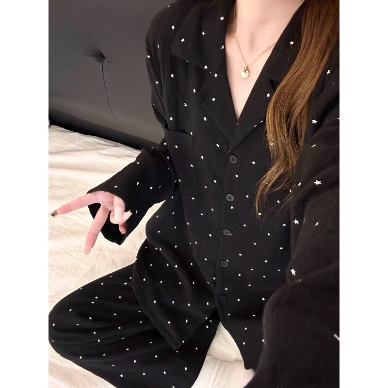 Women's pure cotton pajamas, suitable for spring and autumn, featuring long sleeves and long pants, with a luxurious double-layered cotton gauze design, creating a sweet and youthful look for comfortable loungewear Women's pure cotton pajamas, suitable for spring and autumn, featuring long sleeves and long pants, with a luxurious double-layered cotton gauze design, creating a sweet and youthful look for comfortable loungewear