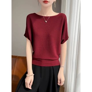 2026年春夏新款曲珠一字领针织衫蝙蝠短袖纯色横纹宽松打底衫T恤