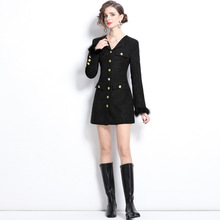 实拍黑色小香风西装连衣裙女短裙高级感绒毛袖口