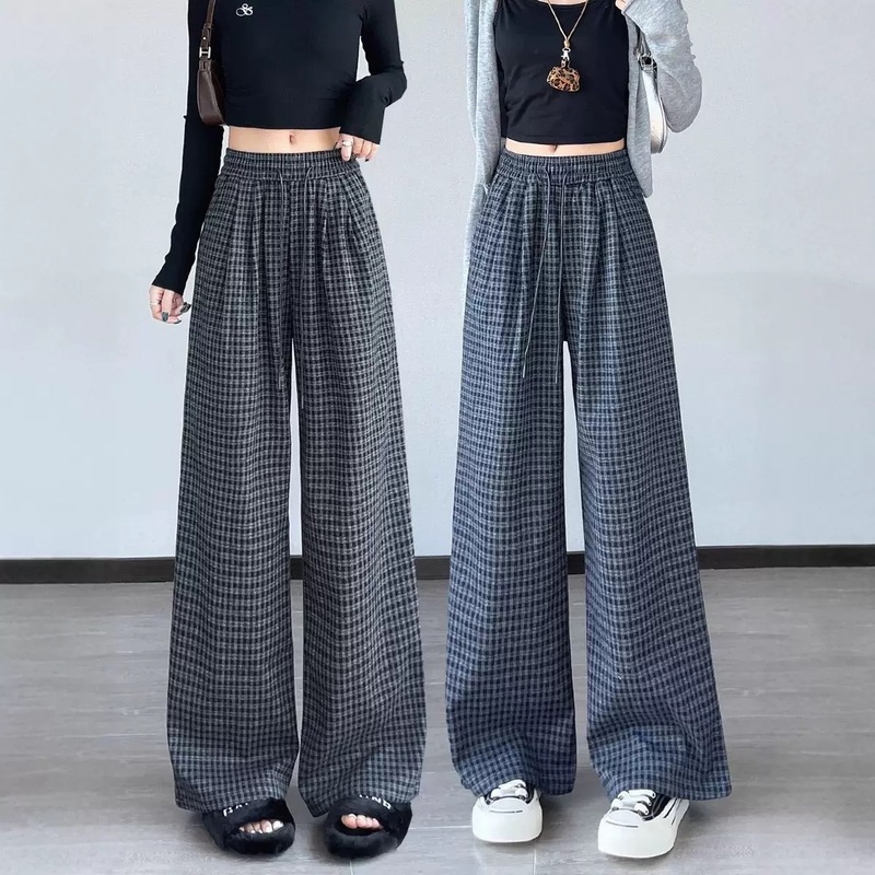 慵懒风毛呢格子阔腿裤女2025秋冬季垂感高腰显瘦休闲直筒拖地长裤|undefined