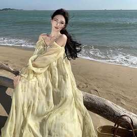 柏林花园温柔甜美风麻绳流苏新款长裙度假长袖连衣裙图片色