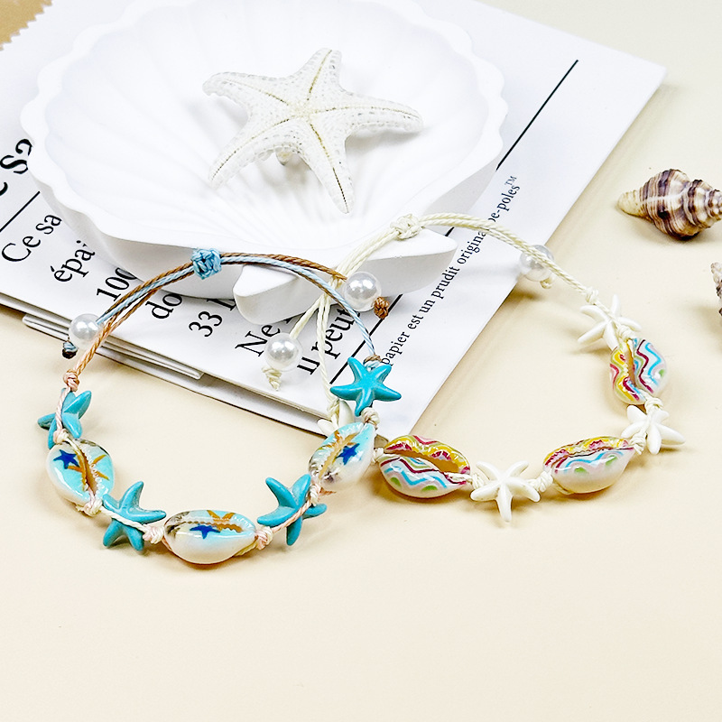Cross-Border Hot Selling Ocean Style Cartoon Starfish Shell Graffiti Hand-Woven Bracelet Ins Summer Beach Vacation Style