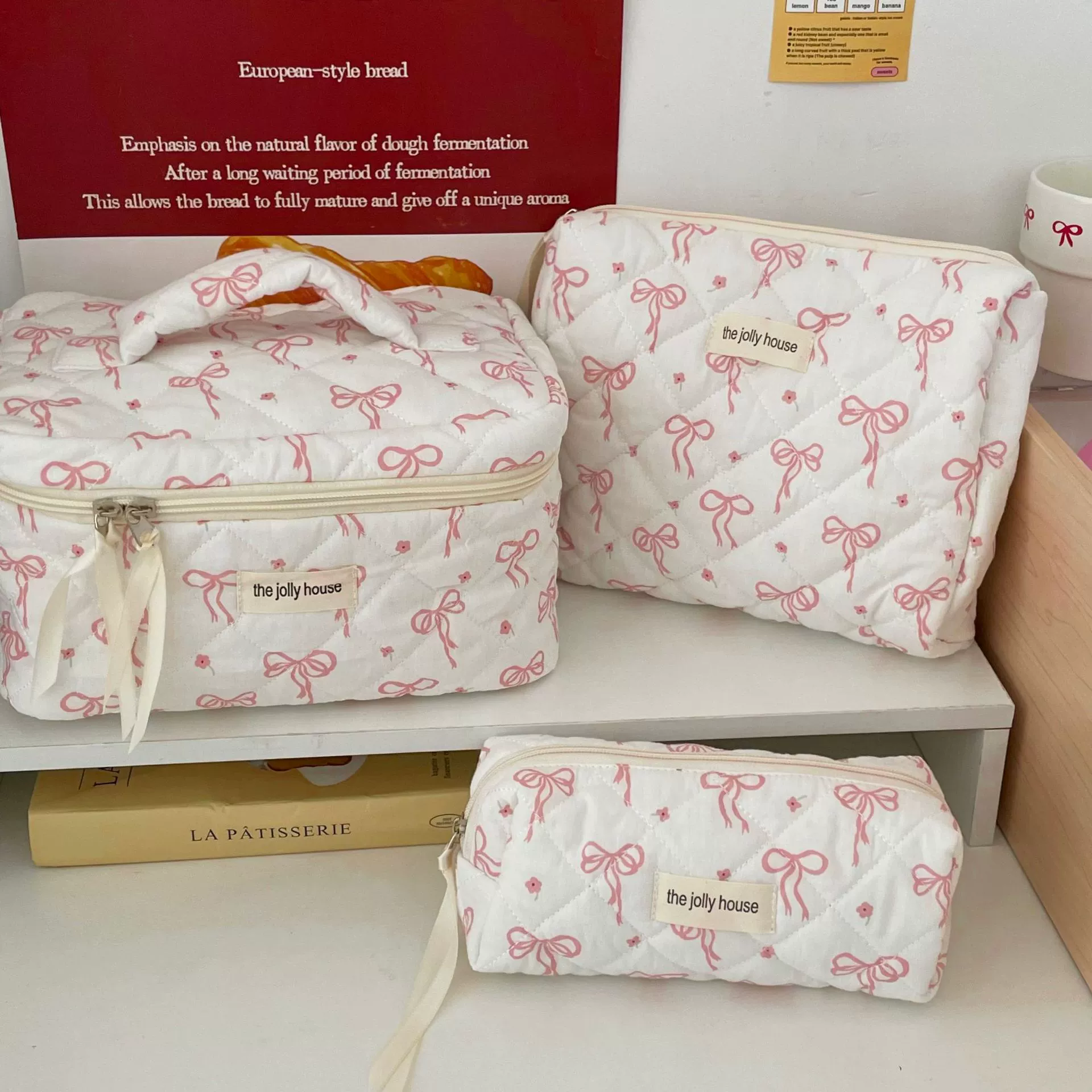 Handheld Cosmetic Bag, Korean Style Bow Organizer, Cotton, Multiple Sizes (Small/Medium/Large)