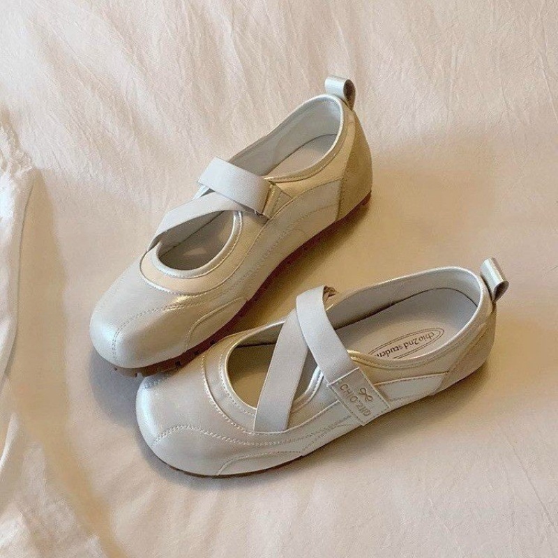 2026 primavera nuevos zapatos de ballet plateados zapatos de mujer correa cruzada zapatos mary-zhen retro francés suave