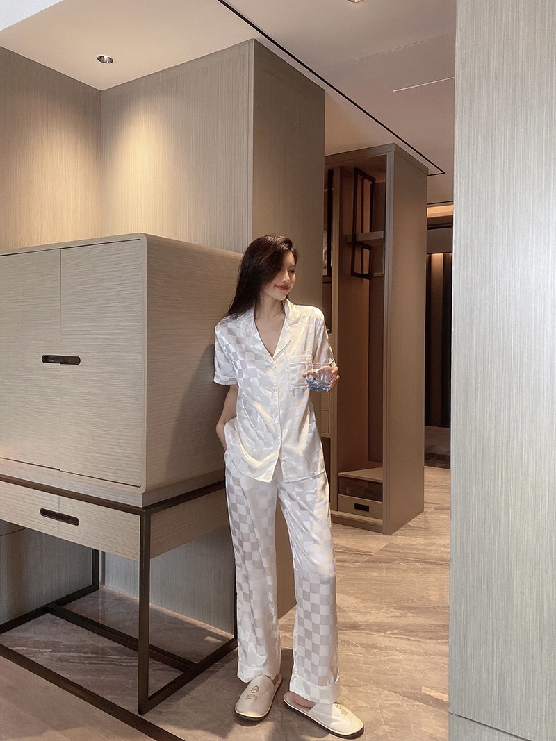 夏季新款睡衣女夏短袖长裤格子冰丝套装亚马逊家居服抖音一件代发
