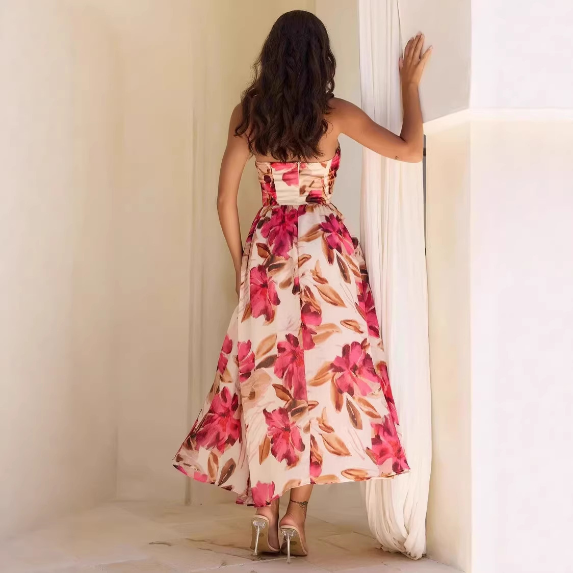 Fashionable Halter Neck Tie Waist Backless Dress Large Floral Print Long Skirt Women's Elegant New Style_ecoleips.com