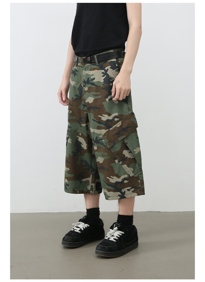 Quần short denim rằn ri nhiều túi ống rộng ống đứng — Rằn ri chi tiết 5
