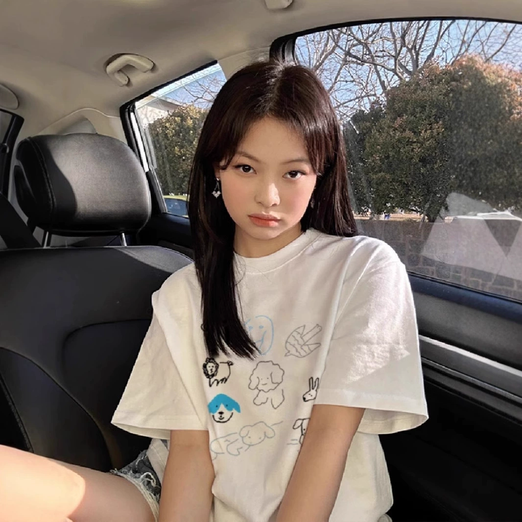 Pure Cotton White Shoulder Short-sleeved T-shirt Women's 2025 New Design Sense Niche American Fashion Brand Cartoon Half-sleeved Top